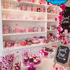 Valentine&#39;s Day Digital Backdrop, Sweet Love Candy Shop Background, Festive Valentine&#39;s Party Setting, Pink and Red Hearts Decor