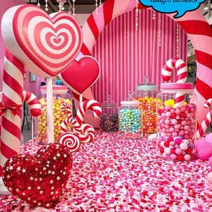 May include: A pink and red candy-themed backdrop with a large heart-shaped lollipop, candy cane arches, and jars filled with colorful candy. The backdrop is covered in pink confetti and has the text "DIGITAL BACKDROP" at the bottom.