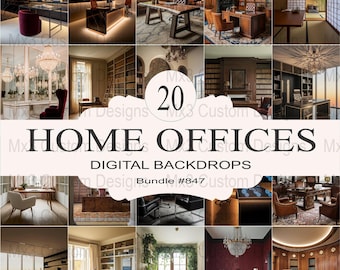May include: A collection of 20 digital backdrops featuring home office scenes. The backdrops include various styles, from traditional to modern, with different furniture, decor, and lighting. The backdrops are perfect for creating realistic and professional home office photos.