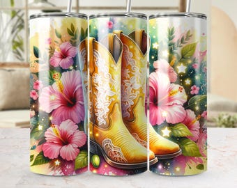 Floral Cowboy Boots 20 Oz Seamless Tumbler Wrap, Watercolor