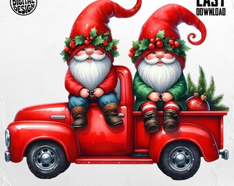 May include: A digital illustration of two Christmas gnomes riding in a red pickup truck. The gnomes wear red hats, jackets, and boots, with white beards and holly wreaths. The truck has black wheels and the text "EASY DOWNLOAD".