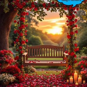 Puede incluir: Un columpio de banco de madera adornado con rosas rojas y vegetación, sobre un fondo de puesta de sol. La escena incluye un arco floral, velas y pétalos de rosa esparcidos. El texto dice "6 Free Digital Images Included" y "DIGITAL BACKDROP".