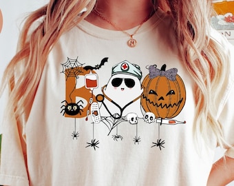 Boo Nurse Halloween Comfort Color T-Shirt, RN Spooky Season CNA Halloween Party Tee, Registered Nurse Fall Gifts, Nicu Nurse Pumpkin Shirt