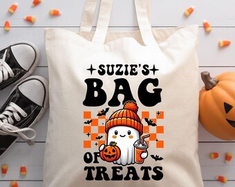 Sac fourre-tout en toile de coton Trick or Treat avec nom personnalisé, cadeau d'Halloween, joli sac de friandises d'Halloween, sac fourre-tout d'Halloween personnalisé