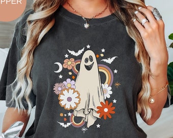 T-shirt grafica di Halloween per uomo e donna, maglietta spettrale retrò autunnale, maglietta pipistrelli regalo per lei, maglietta di Halloween