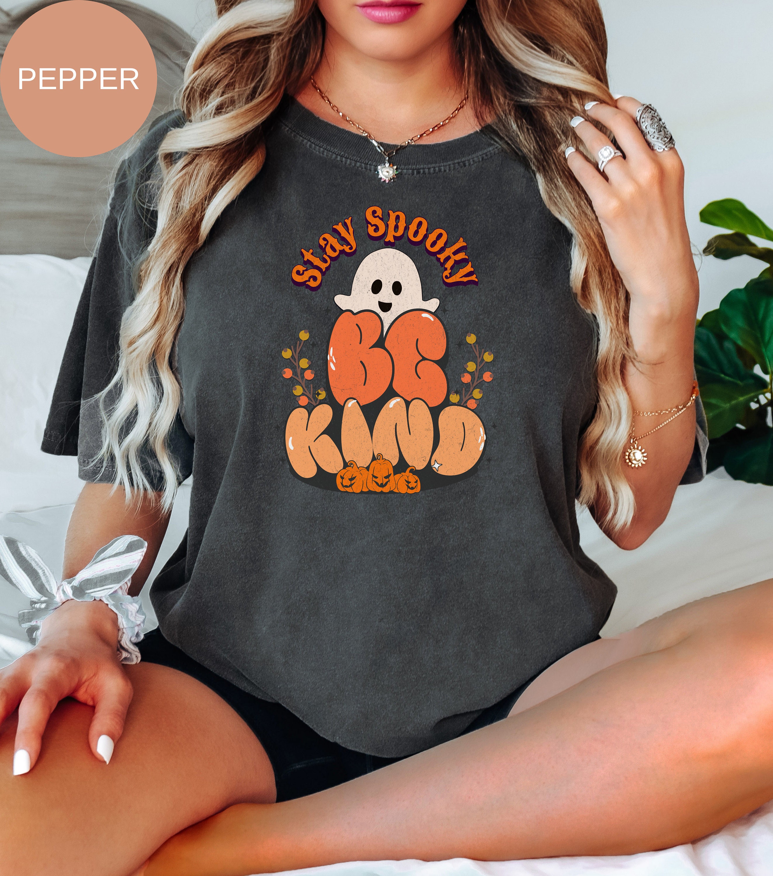 Discover Stay Spooky Be Kind Halloween Shirt,  Color Pumpkin Patch T-Shirt, Fall Season Retro Tee, Autumn Ghost Apparel, T-Shirt Gift for Her