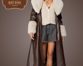 Women Handmade Brown Shearling Fur Long Leather Trench Coat-Luxury Gift For Wife-Ladies Vintage RAF Aviator Genuine Lambskin Buttoned Coat