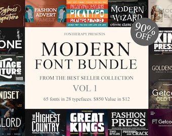 May include: A collage of colorful font designs, featuring a variety of styles and lettering. The title "MODERN FONT BUNDLE VOL 1" is displayed in a bold, serif font. The text "65 fonts in 28 typefaces. $850 Value in $12" is also included.