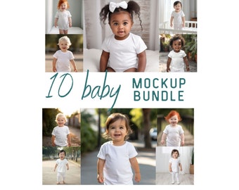 Op de afbeelding: Een collage van tien foto's met baby's die witte T-shirts dragen. De foto's zijn in een raster gerangschikt met de tekst "10 baby MOCKUP BUNDLE" in het midden.