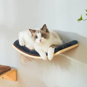 Corner Cat Shelf, Shelf with Comfortable Cushion, Curved Cat Shelves, Wall Mounted Cat Furniture, Wooden Shelves, Gift for Cat Lovers