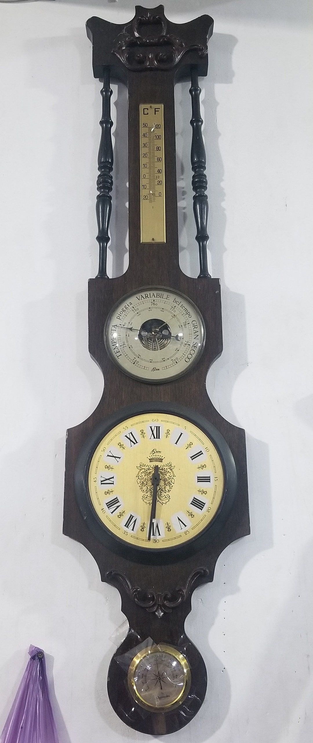Antique Barometer Clock Thermometer Hygrometer Wooden 1970s Etsy