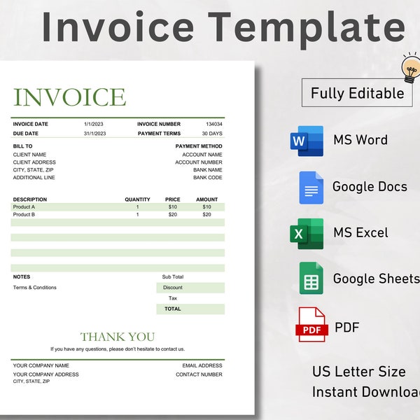 Invoice Template, MS Word, MS Excel, Google docs, Google Sheets, Business Invoice, Printable Invoice, Editable Invoice Template