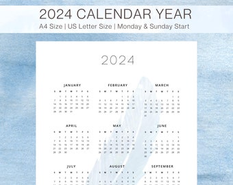 2024 Calendar Year at a glance. 2024 Calendar Printable. 2024 Calendar Minimalist. Yearly Calendar. 2024 Calendar Printable A4. US Letter