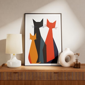 Mid Century Modern Cat Art, Minimalist Cat Print, Three Cats Wall Art, Abstract Pet Poster, Digital Download,Cat Lover Gift