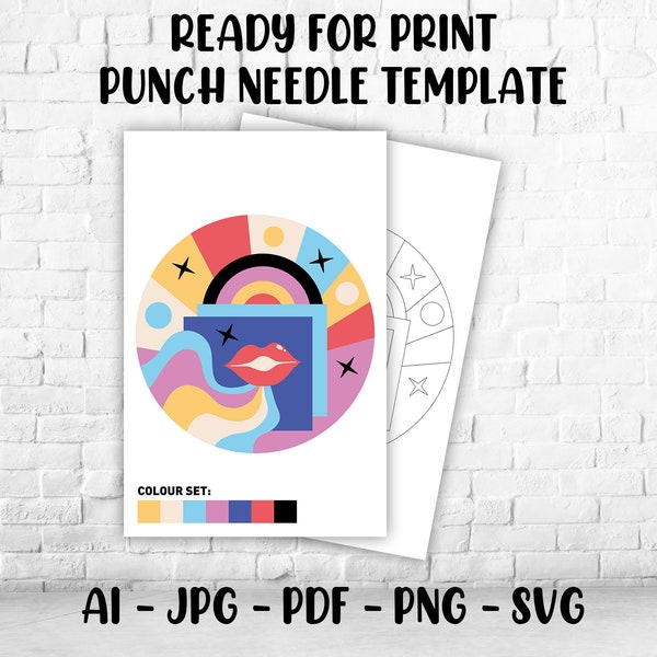 Punch Needle Template, Colourful Lips Punch Needle Pattern Pdf, Png Pattern, Yarn Art Svg, Digital Download, Printable Embroidery Template