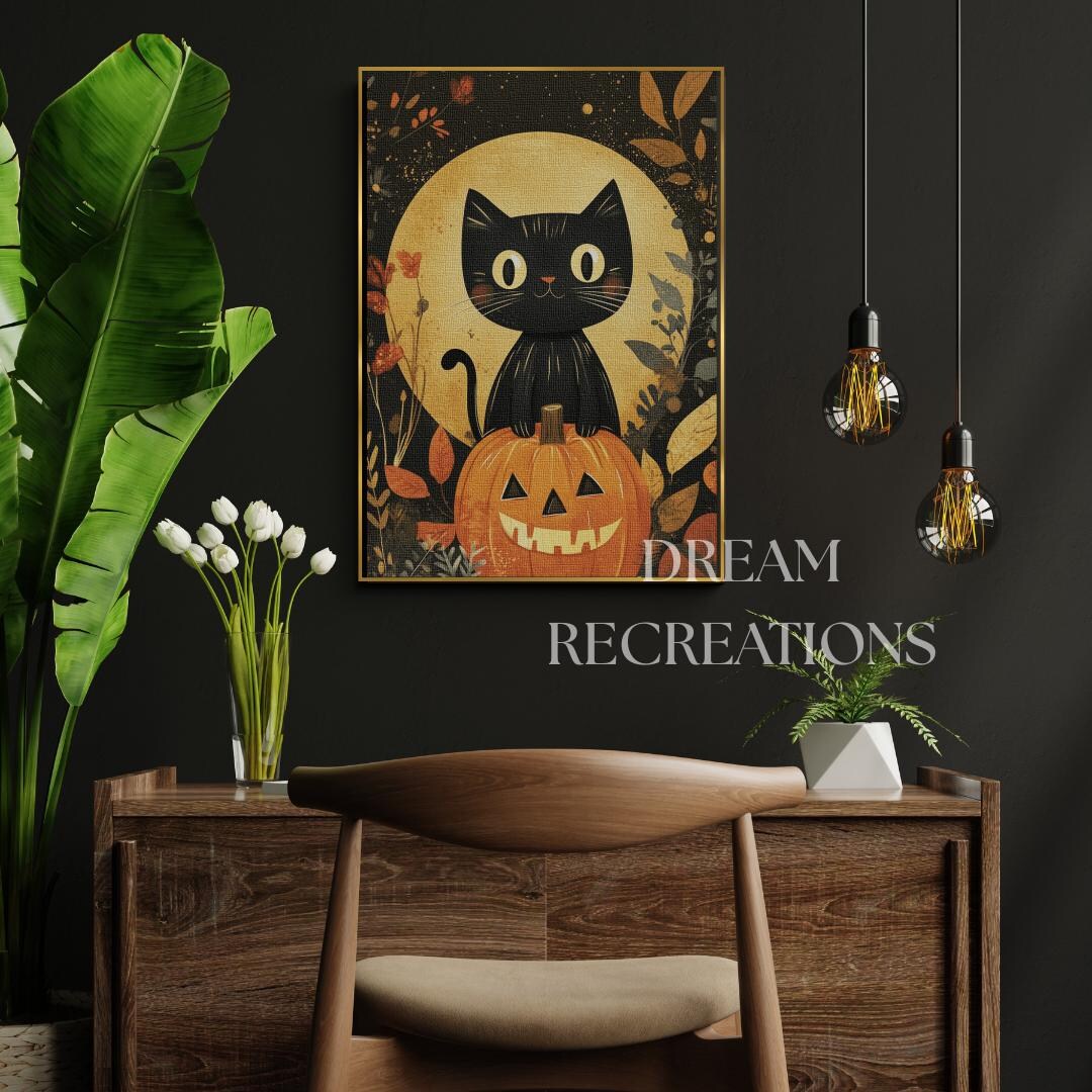 Cute Black Halloween Cat Wall Art in Enchanted Forest Botanical Spooky ...
