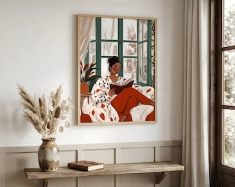 Reading Nook Wall Art | Cozy Vintage Style Digital Print | Spring Book Lover Bedroom Decor Vintage Woman Reading Digital Print | Book Lover