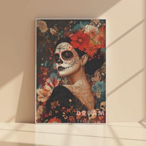 Colorful Catrina Sugar Skull Art Print, Dia de los Muertos Woman Portrait, Mexican Halloween Wall Decor, Calavera Festival Digital Art