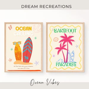 Beach Wall Art Set of 2 | Coastal Surfboard & Palm Tree Prints | Tropical Ocean Vibes Digital Download A4 Beach Wall Posters Surf Beach Art