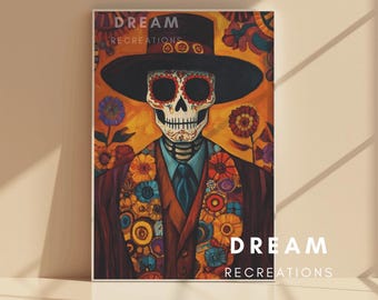 Day of the Dead Skeleton Poster, Dia de los Muertos Wall Art, Moody Gothic Mexican Folk Art Print Vintage Calavera Portrait Digital Download
