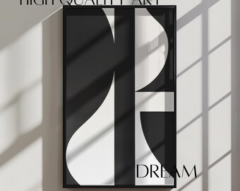 May include: Black and white abstract geometric art print in a black frame. The print features a stylized design with curved lines and shapes. The text "DREAM RECREATIONS" is printed below the image.