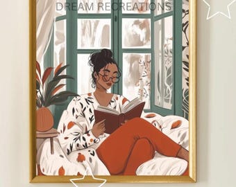 Reading Nook Wall Art | Cozy Vintage Style Digital Print | Spring Book Lover Bedroom Decor Vintage Woman Reading Digital Print | Book Lover