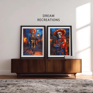 Dia de los Muertos Skeleton Lantern Art Set of 2 Mexican Street Night Parade Print Halloween Vintage Wall Decor, Digital Download