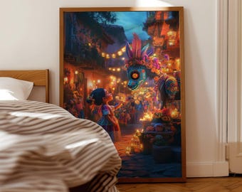 Magical Dragon Mexican Traditional Wall Print Day of Dead Halloween Wall art Print Canvas Painting Art Colorful Old Village Classic Artwork