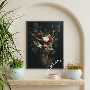 Floral Forest Deer Wall Art Print Antler Flowers Animal Woodland Boho Decor Dark Aesthetic Rose Antlers Digital Nature Lover Gift Decor