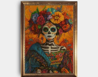 May include: A framed painting titled DREAM RECREATIONS depicting a figure with skull face paint, wearing a large, colorful floral headpiece with red, yellow, and blue flowers. The figure has skeletal chest markings and wears a blue garment with embroidery.