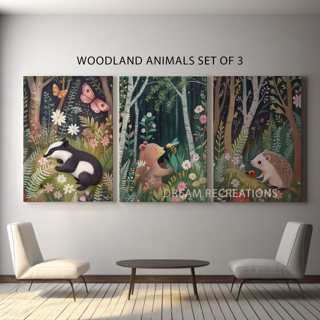 Woodland Forest Animals Wall Art, Set of 3 Print, Featuring Porcupine ...