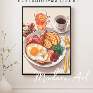 Breakfast Food Art Kitchen wall Decor Brunch Plate print Modern Cafe Artwork Egg Toast Coffee Vintage Food Wall Art Poster Digital Painting