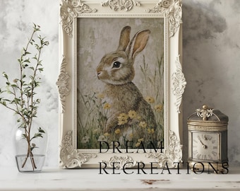 Rabbit bunny flower boho portrait print, Easter farmhouse decor, bunny wall oil painting, printable vintage art, light academia decor art