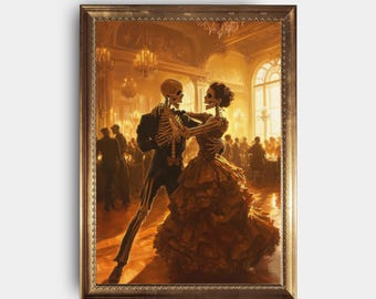 Skeleton Couple Dancing Portrait – Gothic Wedding Halloween Art Print (Digital Download)