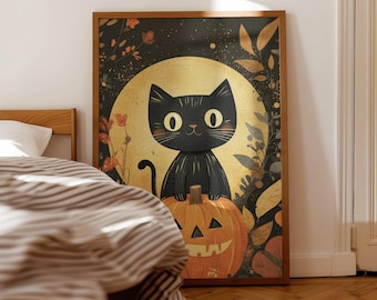 Black Cat Print, Cute Spooky Autumn Art, Cozy Whimsigoth Wall Decor, Halloween Printable Art