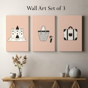 Leuke zomerse kunstprints, muurkunst set van 3, trendy strandhuisdecor, roze minimalistische reisposters digitale muurkunst afdrukbaar