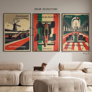 Juego de 3 pósteres de F1, arte mural de Fórmula 1, póster de F1 de Italia, México, Países Bajos, sala de juegos, regalo para hijo, regalo para él, decoración de estudio, arte mural de F1