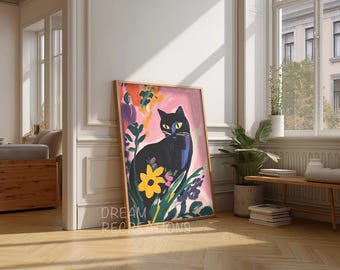 Chat noir fantaisiste dans des fleurs sauvages violettes et jaunes Impression d'art chat d'Halloween dynamique, peinture à l'huile, cadeau pour amoureux des chats, peinture art numérique