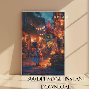 Magical Dragon Mexican Traditional Wall Print Day of Dead Halloween Wall art Print Canvas Painting Art Colorful Old Village Classic Artwork