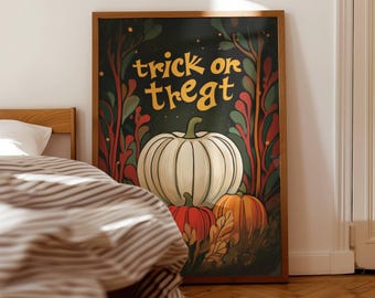 Vintage Bus eller Treat pumpa väggkonst, höst Halloween dekor, retro läskig affisch, utskrivbar digital nedladdning