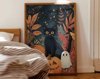 Arte mural de fantasmas y gatos estilo cottagecore, arte de fantasmas para Halloween, arte mural espeluznante / decoración de otoño para Halloween / estampado de fantasmas adorables / descarga digital