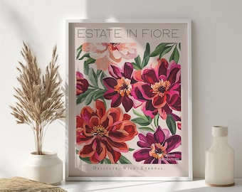 Pink Italy Floral Wall Art Italian Inspired Summer Bloom Print, Elegant Botanical Painting Orange Flower Floral Pattern Italy Wall Print