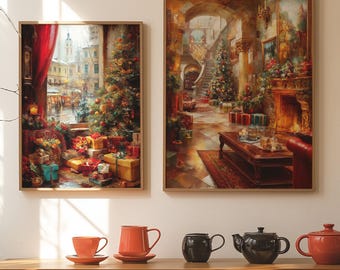 ヴィンテージクリスマスインテリアアート、豪華なホリデーウォールデコレーション、ビクトリアンクリスマスポスターセット、居心地の良いキャビンプリント、グランドエステートクリスマス、デジタルアート