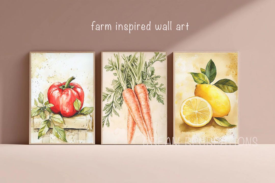 rustic vegetable kitchen prints | 3-piece wall art |... Kitchen Wall Art Set of 3 Carrot Bell Pepper & Lemon Painting Modern ...