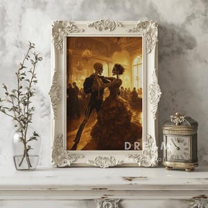 Couple Skeleton Dancing Portrait - Skeleton Wedding Dance Art, Elegant Gothic Wall Decor Halloween, Halloween Anniversary Gift Art Print