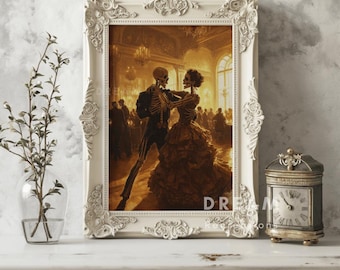 Couple Skeleton Dancing Portrait - Skeleton Wedding Dance Art, Elegant Gothic Wall Decor Halloween, Halloween Anniversary Gift Art Print