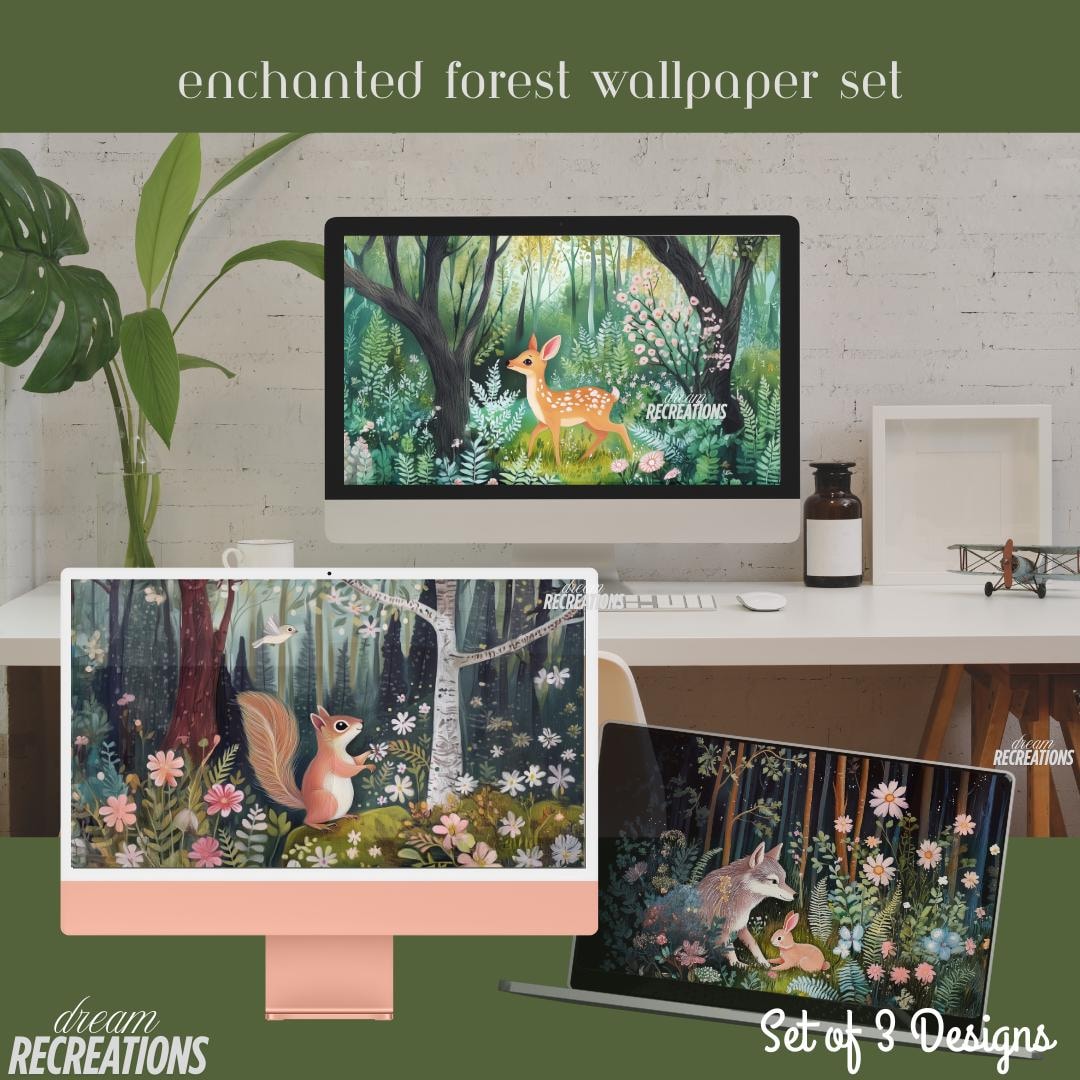 Enchanted Forest Wallpaper Set of 3 Whimsical Desktop Background Rabbit ...