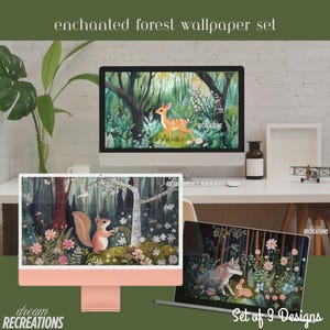 May include: A set of three digital desktop wallpapers featuring whimsical illustrations of a forest scene with a deer, a squirrel, and a wolf and rabbit. The illustrations are in a cartoon style with bright colors and a whimsical feel. The text "dream RECREATIONS" and "Set of 3 Designs" is included in the image.