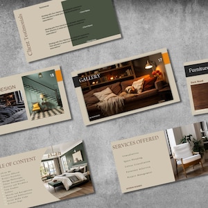 Architectuurportfoliopresentatie voor interieurontwerper Portfolio Sjablonen PowerPoint presentatie voor meubelinterieurwinkel met visitekaartje