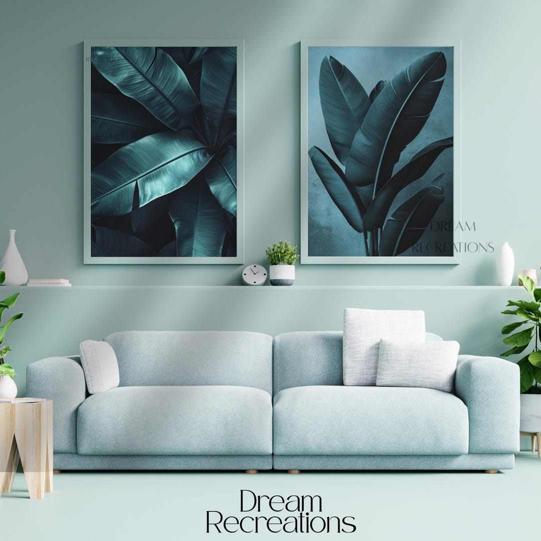 Vintage Leaf Set of 2 Blue Leaves Set of 2 Botanical Print Tropical ...